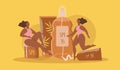 Vector hand drawn illustration - tanning and sun protection products and two tanned girls.